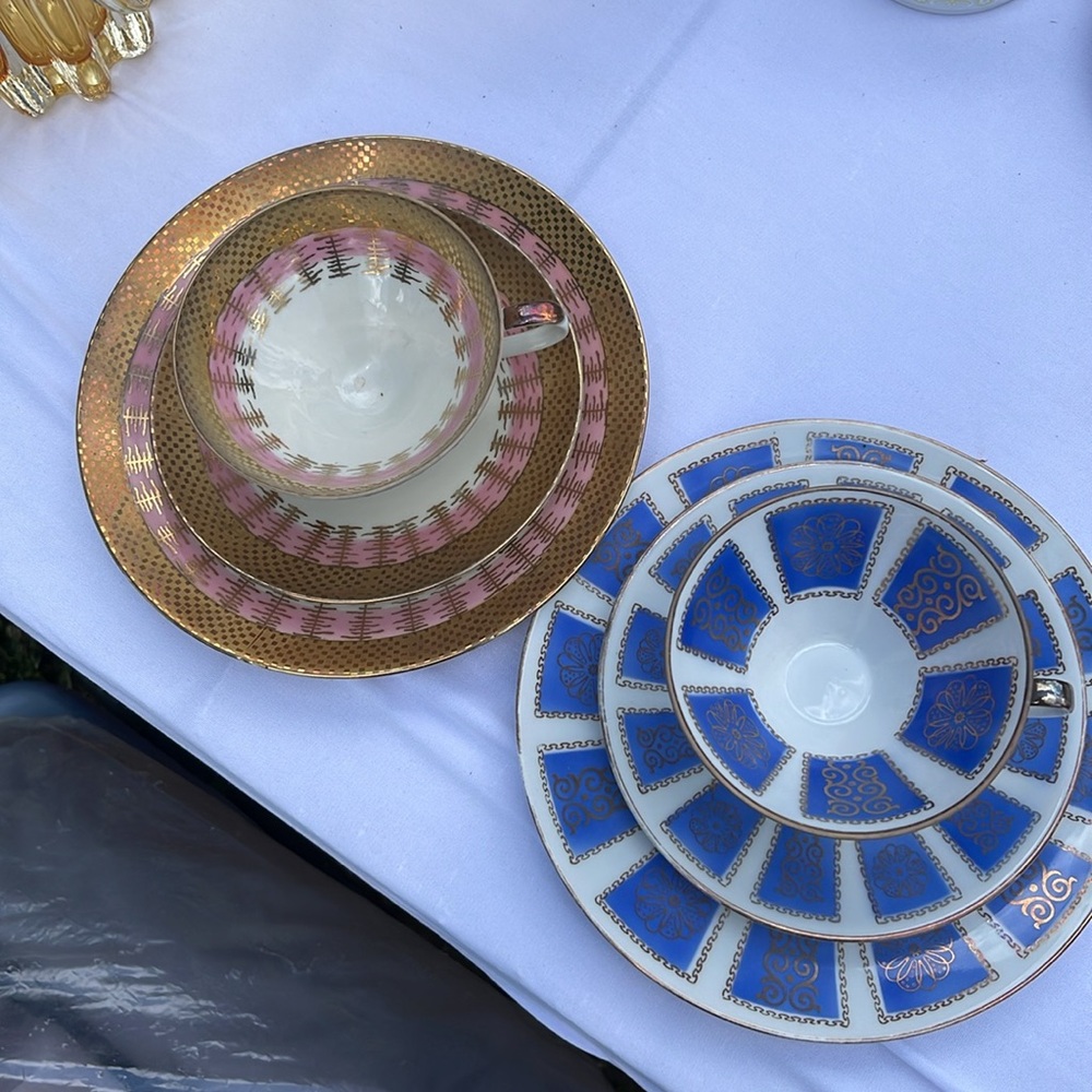 2 sets - Bavaria China vintage cup, saucer, cake plate sets blue - pink